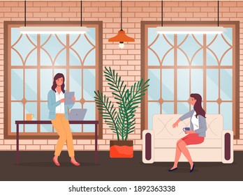 Businesswoman communicating with colleague, talking, discussing, woman with digital tablet, girl sitting at sofa, drink coffee or tea and relaxing, break time at work, stylish office interior