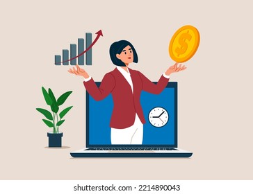 Businesswoman compare between value and growth stock in his hand. Choosing asset for earning and profit in market. Value stock vs growth stock, comparison between investing.