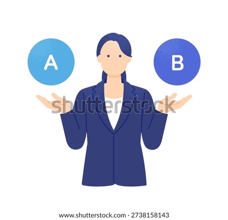 Businesswoman comparing Option A and Option B. Vector illustration of a woman analyzing two choices for split testing or decision making.