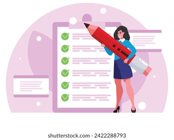 Businesswoman completed checklist. Businesswoman stands with a huge pencil. Business reporting. Accounting. Checklist on clipboard. Successful completion of business tasks. Vector graphics