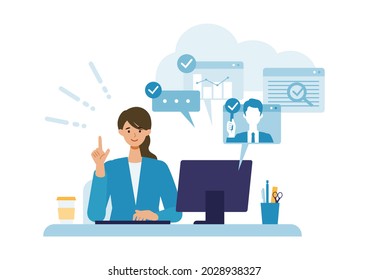 Businesswoman completed task.  Problem solving concepts. Vector illustration of solution.