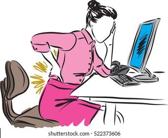 businesswoman at computer and back pain illustration