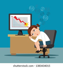Businesswoman with computer with graph down on screen, illustration vector cartoon