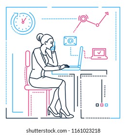 Businesswoman at the computer - line design style illustration on white background. Metaphorical image of woman, girl, female, speaking on the phone. Multitasking, time management concept