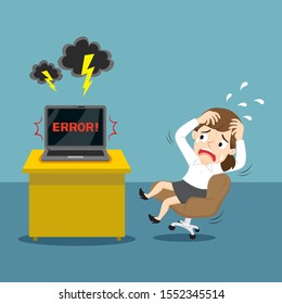 Businesswoman and computer with a problem, illustration vector cartoon