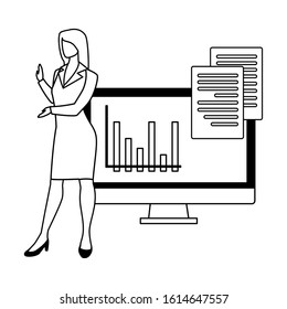 businesswoman with computer screen in white background vector illustration design
