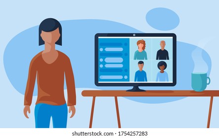 businesswoman with computer, video conference, webinar students online class, video call in home.
