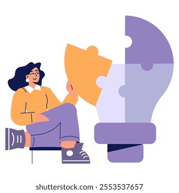 Businesswoman concept. A confident businesswoman assembles a puzzle piece into a light bulb, symbolizing idea creation. Strategy, problem-solving, and innovation. Vector illustration.