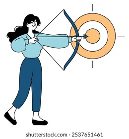 Conceito de mulher de negócios. Uma arqueira feminina confiante atingindo o alvo, simbolizando precisão e sucesso nos objetivos de negócios. Ilustração vetorial.