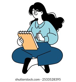 Conceito de mulher de negócios. Uma empresária confiante elaborando planos em seu notebook. Criatividade em trajes de negócios. Ilustração vetorial.