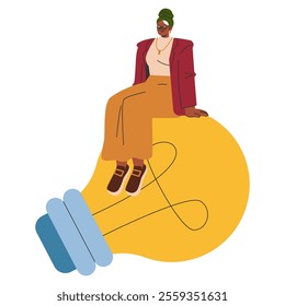 Businesswoman concept. Confident female entrepreneur sitting on a lightbulb, representing innovative ideas and leadership. Professional empowerment. Vector illustration.