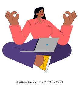 Conceito de mulher de negócios. Executiva mulher confiante com laptop comemora o sucesso. Realização profissional, satisfação no trabalho. Ilustração vetorial.