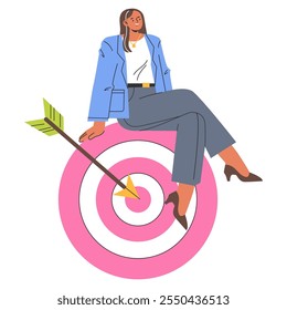 Concepto de mujer de negocios. Una mujer ejecutiva segura de sí misma se sienta en la cima de una diana, simbolizando el éxito estratégico y los objetivos alcanzados. Enfoque profesional y precisión. Ilustración vectorial.