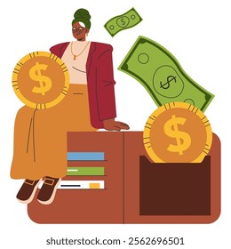 Businesswoman concept. Confident female executive with financial symbols. Career success, professional growth, and wealth accumulation. Vector illustration.