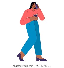 Businesswoman concept. A confident female professional multitasks, conversing on the phone while holding a coffee. Dynamic corporate lifestyle. Vector illustration.
