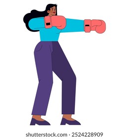 Businesswoman concept. A confident female professional wearing boxing gloves, symbolizing empowerment and strength. Career challenges and success metaphor. Vector illustration.