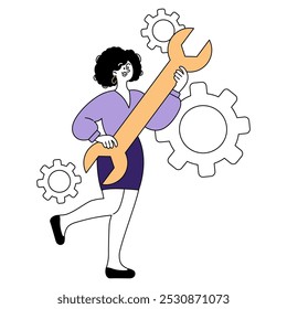 Businesswoman concept. A confident female professional carrying a giant wrench, symbolizing solution-finding in the corporate world. Vector illustration.