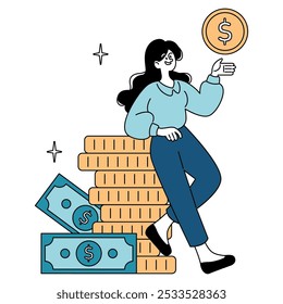 Concepto de mujer de negocios. Una mujer profesional segura de sí misma sube la metafórica escalera del éxito, sosteniendo una moneda, con símbolos en efectivo. Ilustración vectorial.