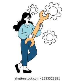 Businesswoman concept. Confident female professional holding a large wrench among gears, symbolizing problem-solving skills. Vector illustration.