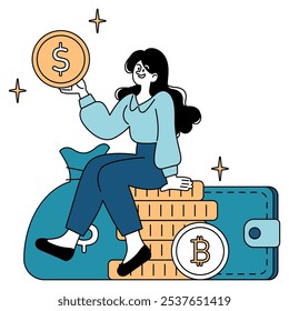 Businesswoman concept. A confident female professional sits atop a wallet full of coins, holding a dollar sign, representing financial success. Line art and flat color design. Vector illustration.