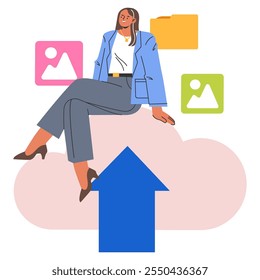 Businesswoman concept. A confident female professional poised atop an upward arrow, surrounded by icons of success. Career growth and leadership. Vector illustration.