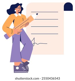 Businesswoman concept. A confident female professional signing documents with an oversized pencil. Office work, career commitment, and management. Vector illustration.