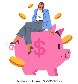 Businesswoman concept. Confident female professional triumphantly sitting atop a giant piggy bank with coins around, representing financial success. Vector illustration.