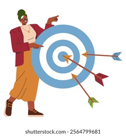 Businesswoman concept. Confident female professional pointing at a bullseye, symbolizing strategic goals and precision in business. Leadership and achievement. Vector illustration.