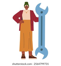 Businesswoman concept. Confident female professional alongside a giant wrench, representing problem-solving in the corporate world. Vector illustration.