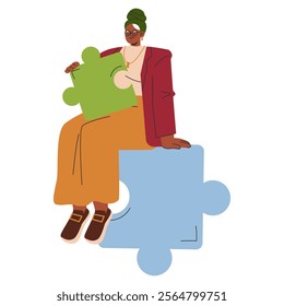 Businesswoman concept. A confident professional holding a puzzle piece atop an abstract base. Strategic thinking and problem solving in corporate. Vector illustration.