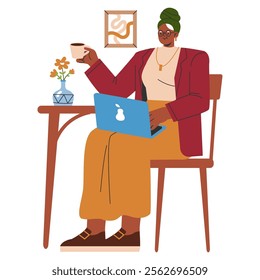 Businesswoman concept. Confident professional multitasks with coffee and computer at a stylish workspace. Productive workday balance. Vector illustration.