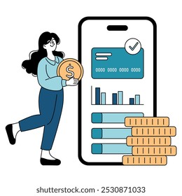 Businesswoman concept. A confident woman engages with digital finance through a large smartphone screen displaying a credit card and growth charts. Vector illustration.