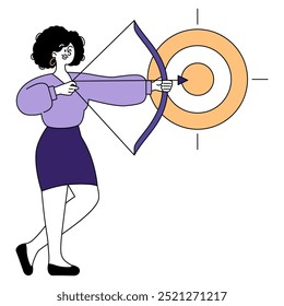 Conceito de mulher de negócios. Uma profissional feminina determinada habilmente aponta uma flecha em um alvo, simbolizando a realização do objetivo e precisão na estratégia de negócios. Ilustração vetorial.