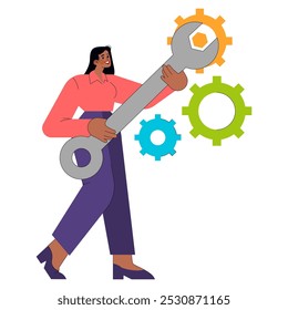 Conceito de mulher de negócios. Uma determinada profissional feminina lida com uma chave metafórica, ajustando as engrenagens coloridas do sucesso. Resolução de problemas no mundo corporativo. Ilustração vetorial.