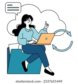 Businesswoman concept. Digital professional working on laptop with cloud communication. Remote work, idea exchange, technology use. Vector illustration.