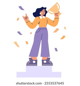 Businesswoman concept. Illustration of a confident female entrepreneur holding a megaphone, symbolic of leadership and success. Celebratory confetti adds to the triumphant atmosphere. Vector