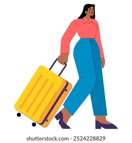 Concepto de mujer de negocios. Profesional femenina Independiente en un viaje de negocios, caminando con confianza con una maleta. Viajes Independientes, movilidad profesional. Ilustración vectorial.