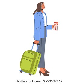 Businesswoman concept. Independent professional on a business trip with luggage and takeaway coffee. Modern corporate lifestyle, travel, and convenience. Vector illustration.