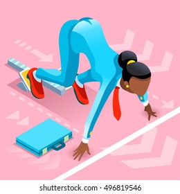 Businesswoman concept infographic vector. African American isometric businesswoman 3D character ambitious isolated black woman. Black business woman manager ambition. Isolated black businesswoman