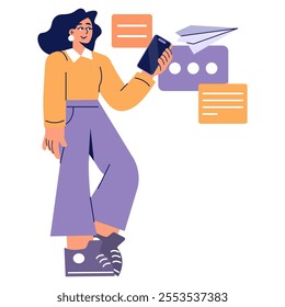 Businesswoman concept. A modern professional checking her smartphone, surrounded by communication icons. Digital connectivity in work attire. Vector illustration.