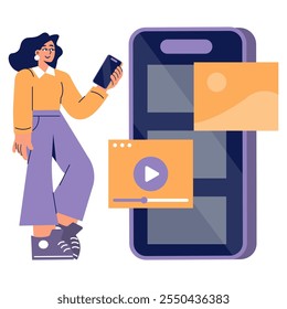 Concepto de mujer de negocios. Una profesional moderna interactúa con el contenido multimedia en su teléfono inteligente. Comunicación digital, consumo de medios en línea. Ilustración vectorial.