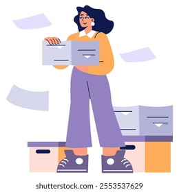 Businesswoman concept. Organized professional managing paperwork efficiently. Office environment, multitasking, and competent administration. Vector illustration.