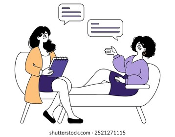 Businesswoman concept. A professional consultation in progress with a businesswoman taking notes. Engaging dialogue between colleagues for effective communication. Vector illustration.