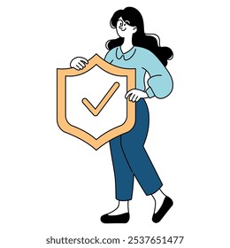 Concepto de mujer de negocios. Profesional hembra con confianza sosteniendo un escudo protector con una marca de verificación. Garantía, seguridad en el entorno corporativo. Ilustración vectorial.