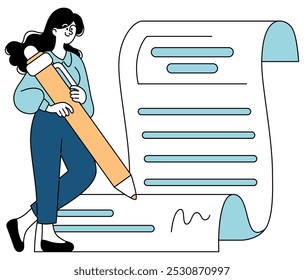 Businesswoman concept. Professional female executive with a giant pencil prepares to write on a large document. Planning and organization in business. Vector illustration.