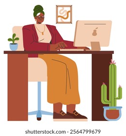 Businesswoman concept. Professional female at her organized workspace with plants, focused on work. Modern office setting with stylish decor. Vector illustration.