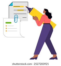 Businesswoman concept. A professional female highlighting sections on giant paper documents. Organized workflow, project planning, and administration tasks. Vector illustration.