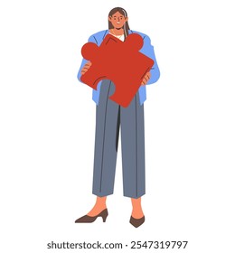 Businesswoman concept. Professional female holding a puzzle piece, showcasing strategy and solution finding. Career challenges and problem-solving. Vector illustration.