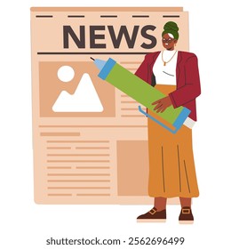 Businesswoman concept. Professional female journalist with a pen beside a large newspaper, reporting current events. Communication and media industry. Vector illustration.