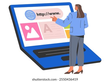 Businesswoman concept. Professional female presenting website content on a giant laptop screen. Corporate presentation, digital marketing, and web development. Vector illustration. - Powered by Shutterstock - Get 15% off with code: PIKWIZARD15
